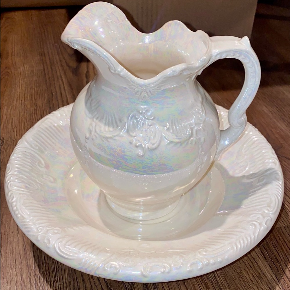 ANTIQUE ARNELS PEARLESCENT WASH BASIN BOWL PITCHER EXQUISITE COLORING LUSTREWARE